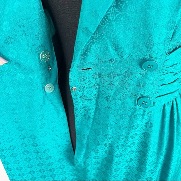 Vintage 80s Teal Silk Dress Wide Wrap Waist Shoulder Pads - Picture 8 of 11
